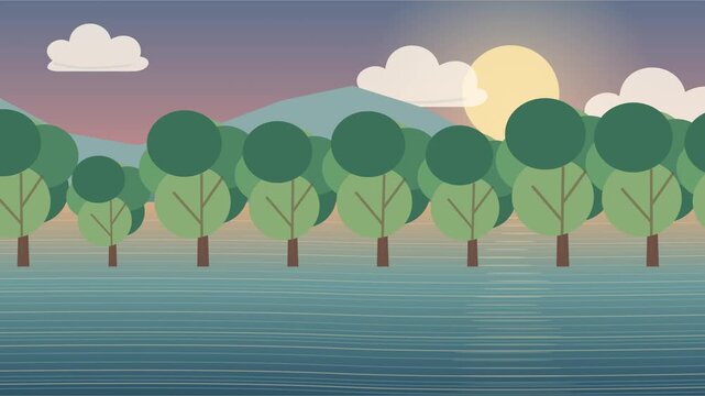 Grands arbres refl&eacute;t&eacute;s dans une eau immobile sous un coucher de soleil pastel