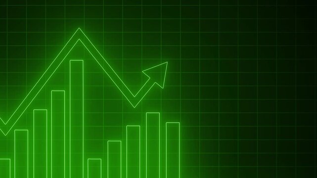 Glowing neon-style bar chart with overlaid line graph and upward arrow animation
