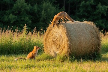 Fototapeta premium Two red foxes in summer field. One wild fox stands on round hay bale sits on green grass. Animals interact near straw roll in rural farmland landscape during sunset. Vulpes vulpes wildlife in