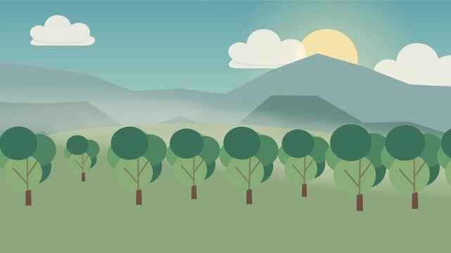 Collines, arbres et eau dans une brume matinale de fin d&rsquo;&eacute;t&eacute;