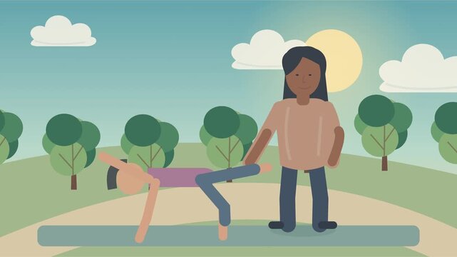 Coach de yoga aidant une femme &agrave; maintenir une posture d&rsquo;&eacute;quilibre sur table