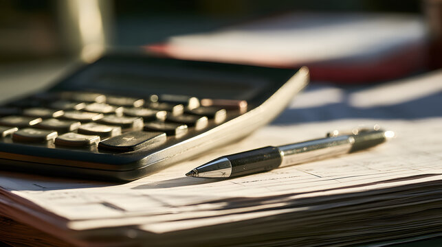 Close-Up Of A Calculator And Pen Resting On A Stack Of Pay Stubs, Crisp Midday Sunlight, Shot On 85mm Lens, Shallow Depth Of Field, High-Contrast Tones, Photorealistic, Ultra-Detailed