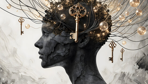 Human mind unlocking knowledge and mental health potential. Psychology brain concept. Golden keys floating around cracked head statue