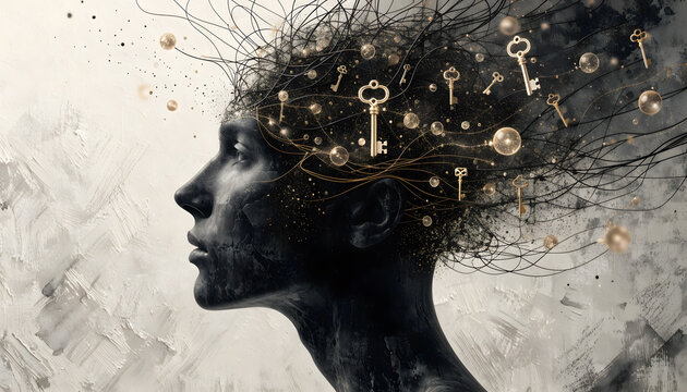 Mental clarity and knowledge breakthrough in human brain. Psychology and creative ideas. Black bust silhouette with glowing golden keys floating