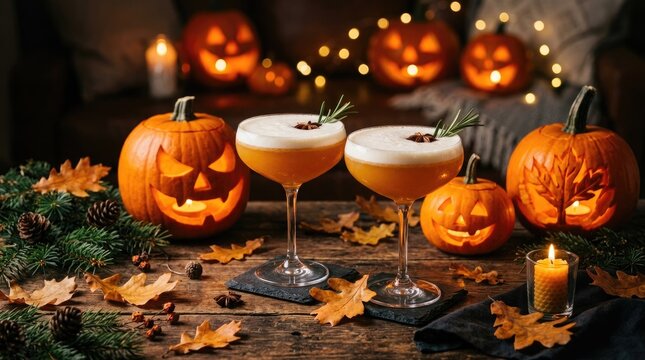 Halloween cocktails with carved pumpkins and autumn leaves in a festive setting