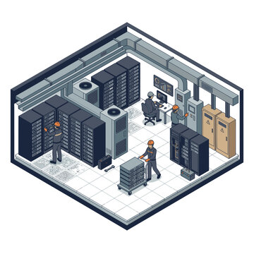 Modern Isometric of a Data Center with Technicians Managing Server Racks and Equipment with high quality professional line art symbols for modern creative design and digital branding projects