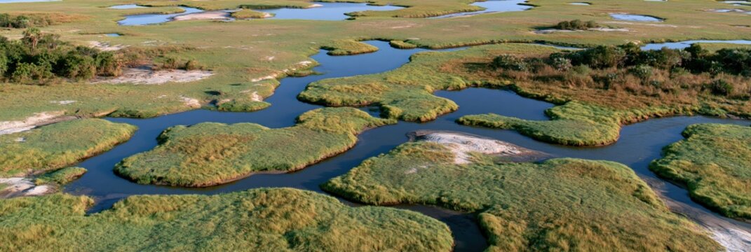 Aerial view of sinuous river winding through green wetlands during dry season
