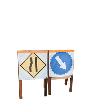 Temporary Road Signs Narrow Road and Keep Right Arrow on Wooden Stand Isolated