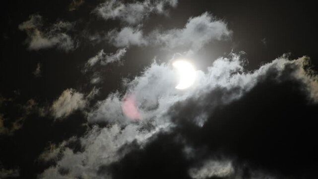 Real-time video clip of the solar eclipse on 2 October 2024 with light cloud cover and reflection of the crescent sun, seen from Buenos Aires, Argentina