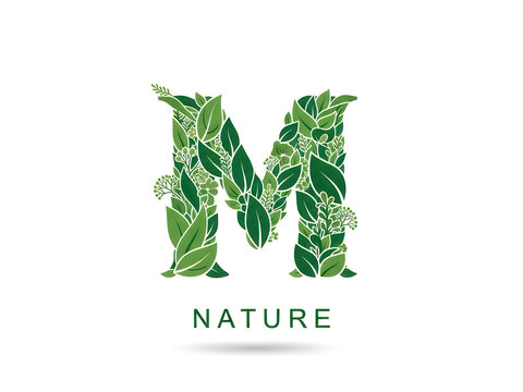 Green nature monogram letter m with foliage design