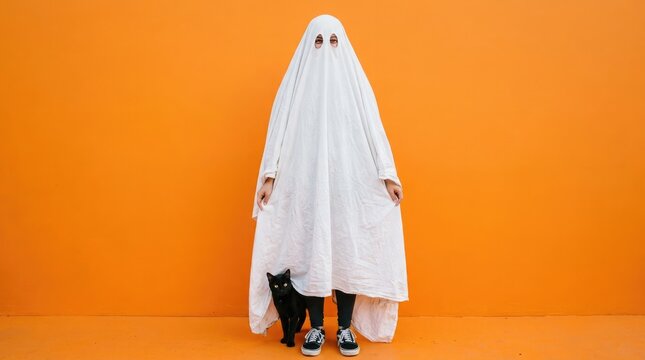Child dressed as a ghost for halloween standing against an orange background
