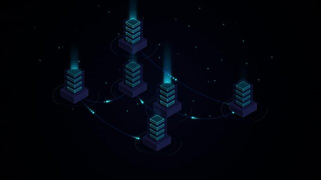 Isometric network of interconnected server towers with glowing blue data streams on a dark background, representing cloud computing, big data, and digital infrastructure connectivity