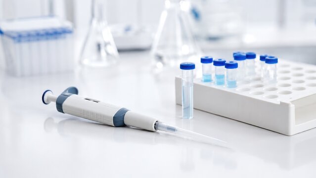 Micropipette and blue-capped sample tubes on a clean laboratory bench with a white tube rack and glassware in soft focus