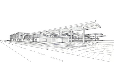 Industrial Sketch Style Architectural Drawing of Modern Bus Station with Covered Platforms and Tiled Forecourt © vcses