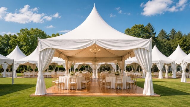 Elegant white high-peak wedding tent on a grassy lawn with draped fabric, chandeliers, round tables and chiavari chairs under a blue sky for an outdoor reception