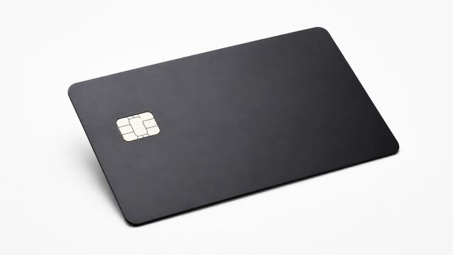 Black matte credit card with visible EMV chip placed on a white background