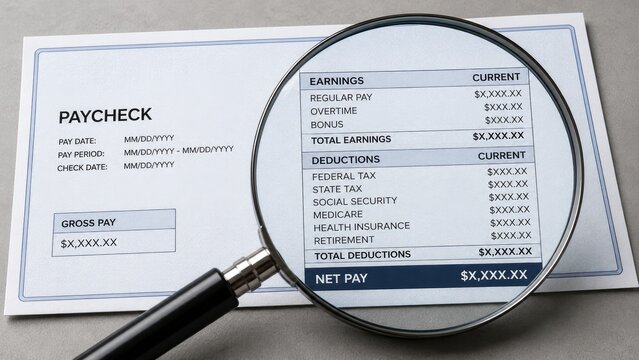 Close-up of a paycheck pay stub with a magnifying glass highlighting earnings and deductions