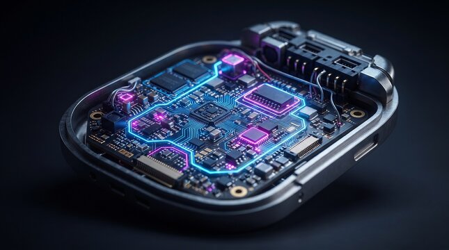 Macro Cardiac Pacemaker Circuitry with Cyberpunk Blue Neon Pink Purple Glow, advanced biomedical electronics and precision medical engineering concept