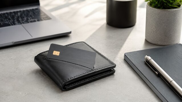 Black leather bifold wallet with a chip credit card on a light desk beside a laptop, notebook, pen and potted plant in a minimalist professional workspace