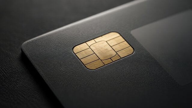 Close-up macro of a gold EMV chip embedded in a sleek black payment card