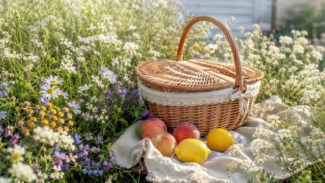 Wicker picnic basket on a linen cloth among wildflowers with lemons, peaches and apples in warm sunlight in a meadow