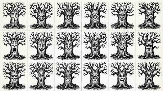 Vintage engraving collection of various tree shapes and foliage designs