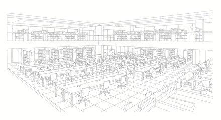 Fototapeta premium Modern Architectural Sketch of a Spacious Library or Study Hall with Rows of Workstations and Bookshelves