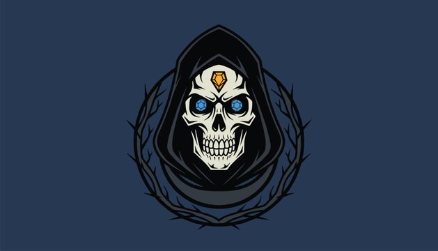 Menacing reaper skeleton skull with glowing blue diamond eyes wearing a dark black hood inside a thorny circular frame.