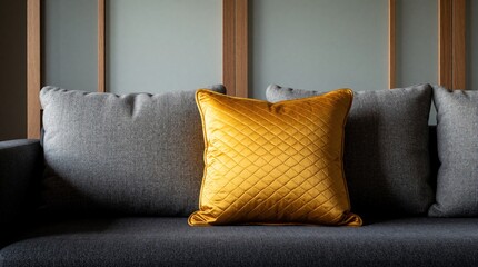 Obraz premium Close-up of modern living room sofa featuring dark gray fabric upholstery, textured cushions. Bright yellow quilted pillow adds pop of color, contrast against neutral tones of furniture,