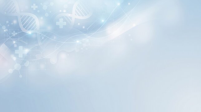 Abstract medical background with light blue DNA double helix strands, molecular structures, medical crosses, and glowing particles for healthcare and science research concepts.