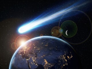 A bright comet streaking across the night sky above the earth with city lights visible © KIBRIA