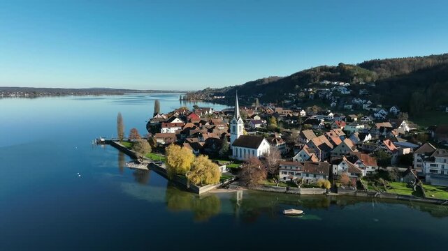 Aerial view of the municipality of Berlingen in the canton of Thurgau, Lake Constance, Switzerland