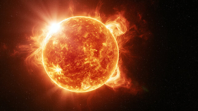 The bright sun glows in deep space with massive solar flares erupting from the surface of the burning star against a dark background