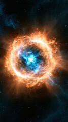 A massive glowing nebula explodes in the dark void of deep space creating a brilliant ring of fire and bright blue light across the vast cosmic universe © AS_SleepingPanda