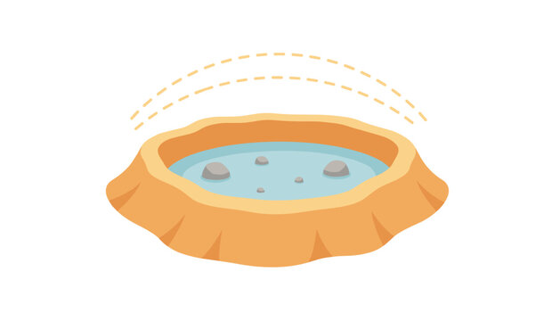 Hot spring geyser pool in a crater-like rock formation with steam waves rising above on white background.