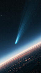 A bright comet with a long glowing tail travels through the dark starry sky above the glowing horizon of the planet earth at night © AS_SleepingPanda