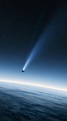 A bright comet with a long glowing tail travels through the dark starry sky above the horizon of a planet in outer space © AS_SleepingPanda