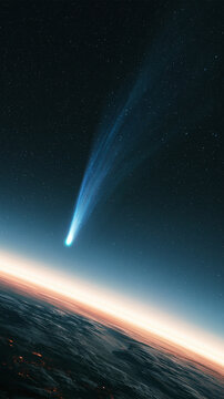A bright comet streaks through the dark night sky above the glowing horizon of the planet earth seen from outer space