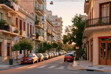 Fototapeta premium Sunlit residential street with parked cars and balconies in buenos aires
