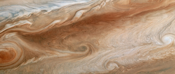 A detailed view showing the swirling clouds and powerful atmospheric storms on the surface of the giant planet Jupiter captured in deep space © AS_SleepingPanda