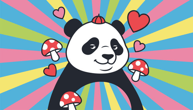 Cute cartoon panda with a small red hat on a psychedelic pop art background with colorful sunburst rays, mushrooms, and hearts.