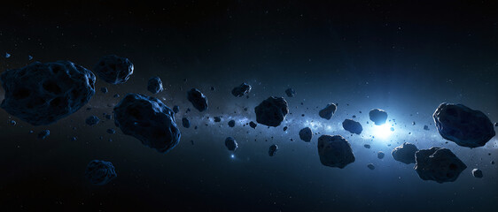 A large field of dark asteroids floating through deep space with a bright star shining in the distance behind the rocky debris of the galaxy © AS_SleepingPanda