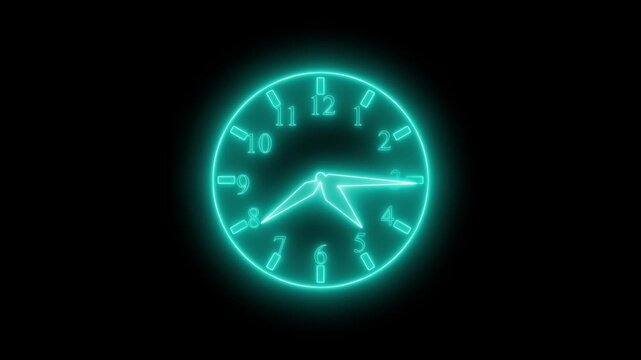 Glowing neon clock face outline with hour markers and three hands animation