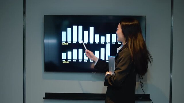 Confident Asian businesswoman giving a financial presentation in a modern dark office. She uses a digital tablet and points at a glowing data chart on a large screen during a corporate meeting.