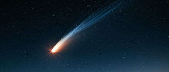 A bright comet with a glowing tail travels through the dark deep space surrounded by many distant stars in the night sky © AS_SleepingPanda