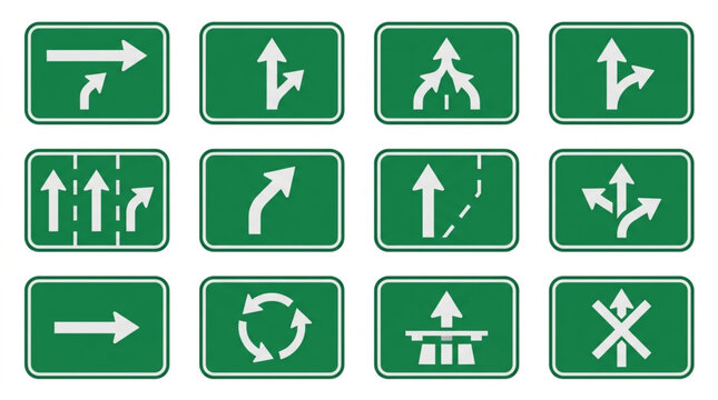 Industrial Traffic Direction and Lane Guidance Signs Collection Green and White Road Symbols for Navigation