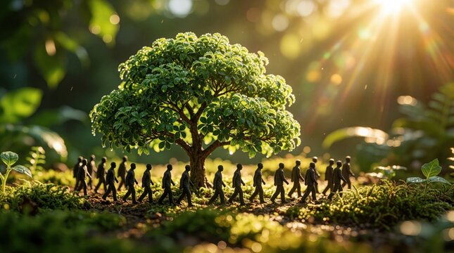 Miniature people walk in line through green mossy forest. Small human figures trek across garden ground near large tree. Concept of global climate action, community movement, sustainable lifestyle
