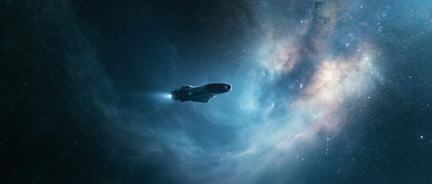 A futuristic spaceship travels through deep space past a bright nebula while its engines leave a glowing trail behind it in the dark vast universe