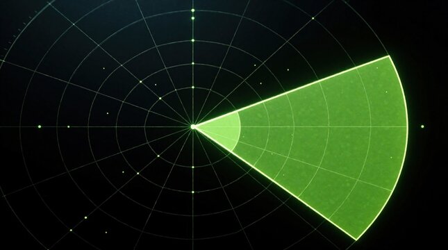 Green radar screen displays sector with points on dark grid background. Digital interface shows scan, detection, and data analysis. Technology, navigation, and science abstract.