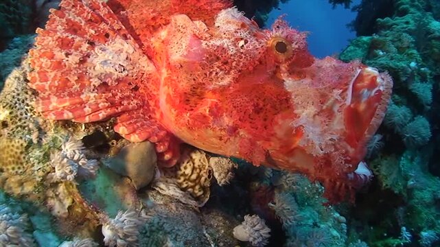 Bearded scorpionfish (Scorpaenopsis oxycephala), poisonous, lurker, yawns, red colour variation, hard corals, Red Sea, Blue Hole dive site, Dahab, Sinai, Egypt